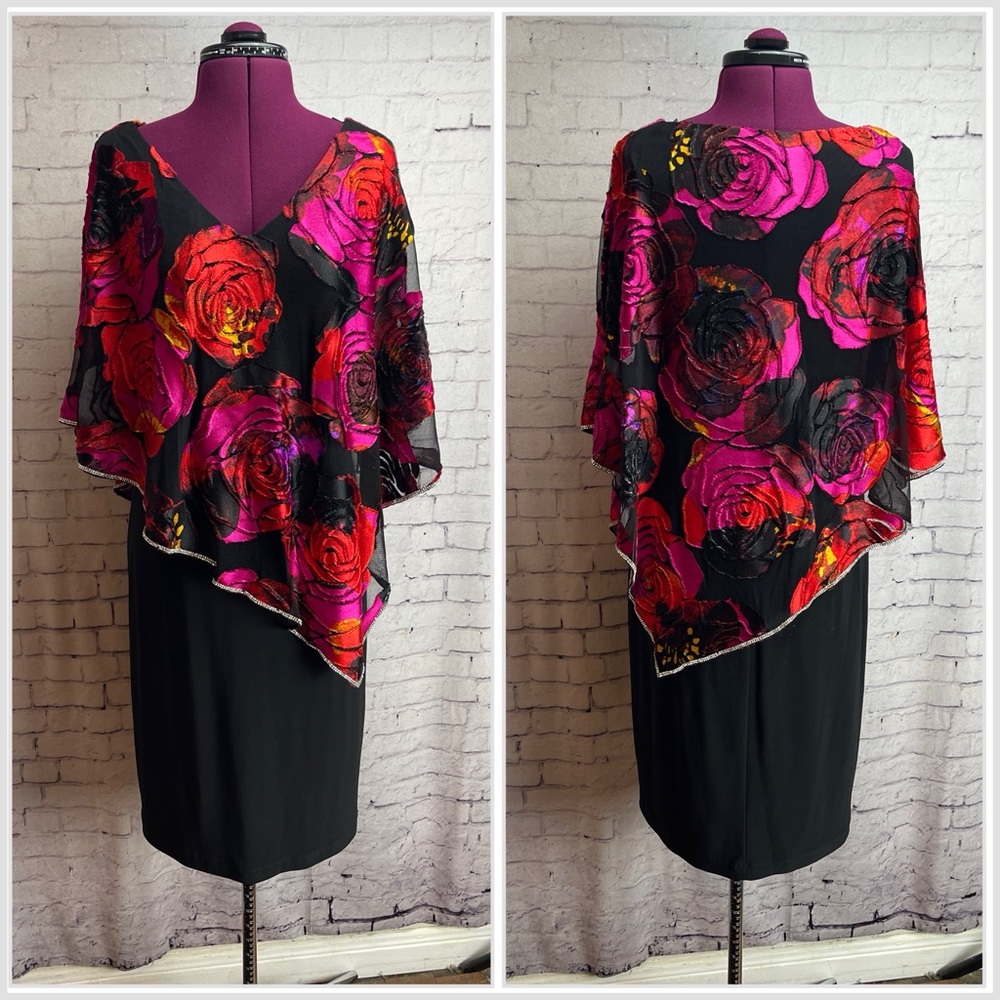 Frank Lyman Montreal US size 8 caped midi dress black with pinks and red